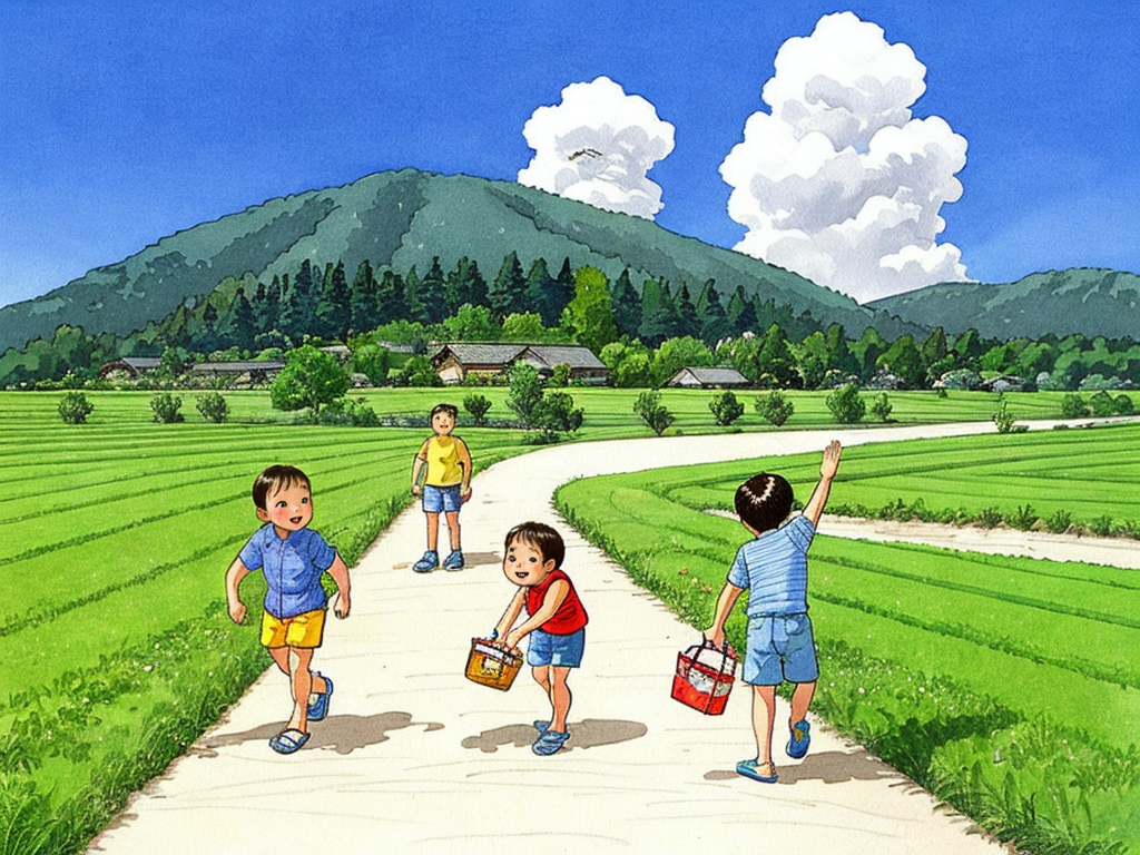 08709-3858283836-HEZI, children's illustration, childhood scenes, childlike innocence, retro illustration, multiple boys, outdoors, child, 1girl,.png